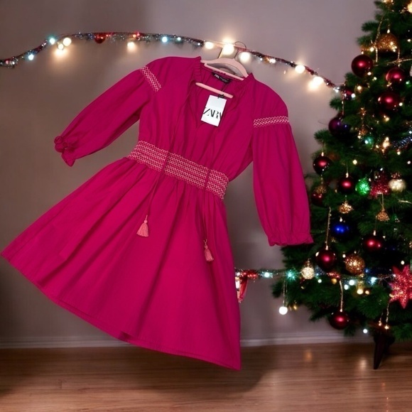 ZARA POPLIN DRESS WITH CONTRAST ELASTIC TRIM pink size XS NWT - Picture 6 of 11